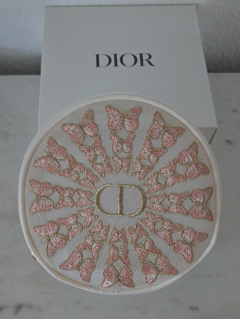 New In Box Never Used DIOR Embroidered Butterfly CD Pouch Pink & Gold Mesh Round